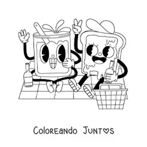 Imagen para colorear de una caricatura de un sandwich animado en un pícnic