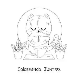 Imagen para colorear de un gato animado practicando yoga en la postura del árbol