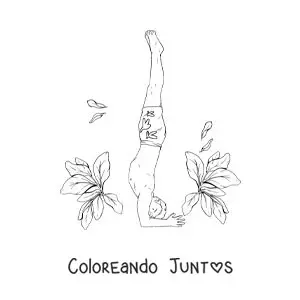 Imagen para colorear de un chico practicando yoga en una postura sobre la cabeza