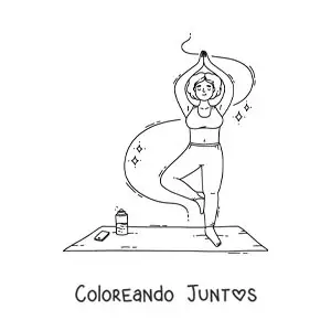 Imagen para colorear de una chica haciendo la postura del árbol junto a su teléfono y su agua