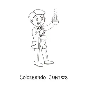 Imagen para colorear de un científico animado sujetando dos frascos químicos
