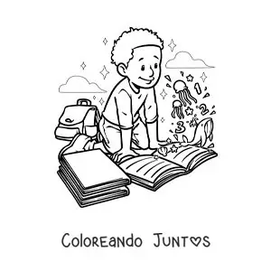 Imagen para colorear de un niño leyendo un libro sobre animales marinos que cobra vida