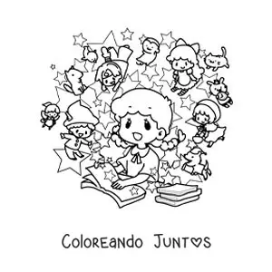 Imagen para colorear de una niña kawaii leyendo un libro con personajes animados que cobran vida