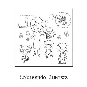 Imagen para colorear de una maestra leyendo un cuento a sus alumnos en el salón