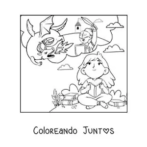 Imagen para colorear de una niña leyendo un cuento de fantasía e imaginando a los dragones