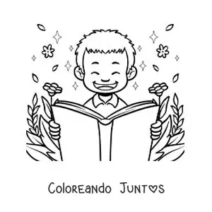 Imagen para colorear de un niño alegre leyendo rodeado de flores