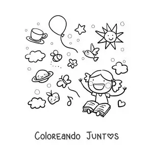 Imagen para colorear de una niña leyendo rodeada de los personajes animados del cuento