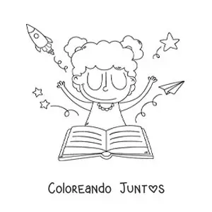 Imagen para colorear de una niña frente a un libro abierto dejando volar su imaginación