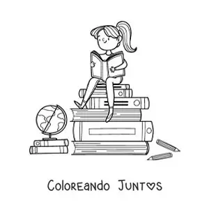 Imagen para colorear de una niña sentada sobre una pila de libros leyendo