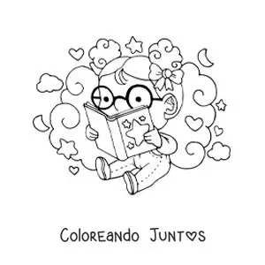 Imagen para colorear de una niña con lentes sentada leyendo