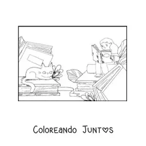 Imagen para colorear de una chica sentada sobre libros leyendo junto a su gato animado