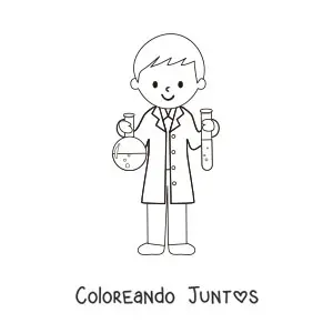 Imagen para colorear de un científico animado con un tubo de ensayo y un frasco