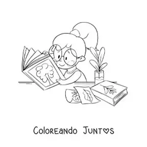 Imagen para colorear de una niña leyendo sobre botánica en un escritorio