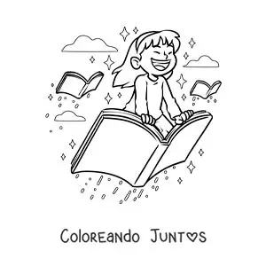Imagen para colorear de una niña feliz volando sobre un libro abierto