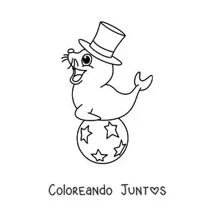 Imagen para colorear de una foca de circo animada sobre una pelota