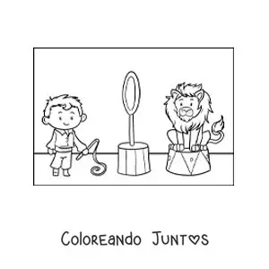 Imagen para colorear de un domador de circo y un león animado