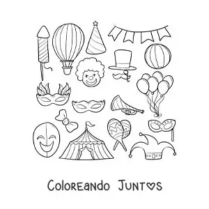 Imagen para colorear de máscaras, sombreros y elementos de circo