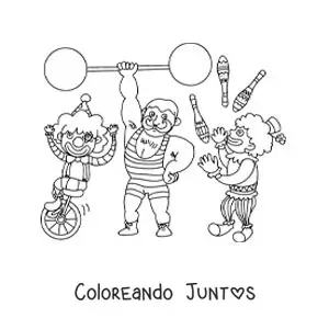 Imagen para colorear de un payaso, un forzudo y un malabarista de circo