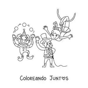 Imagen para colorear de un payaso malabarista, un mago y una acróbata de circo