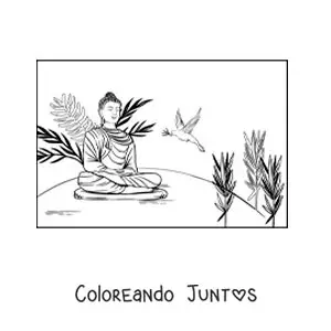 Buddha sentado meditando junto a una paloma