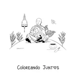 Imagen para colorear de un monje budista sentado meditando junto a una campana