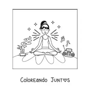 Imagen para colorear de una chica meditando en casa con música