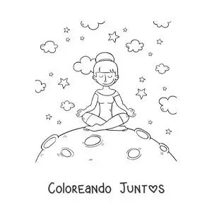 Imagen para colorear de una chica meditando en la luna