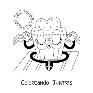 Imagen para colorear de una caricatura de un cupcake animado meditando
