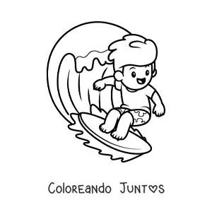 Imagen para colorear de un niño animado surfeando una ola