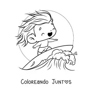 Imagen para colorear de un niño kawaii surfeando una ola