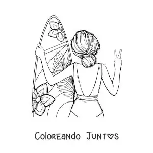 Imagen para colorear de una chica de espaldas con su tabla de surf