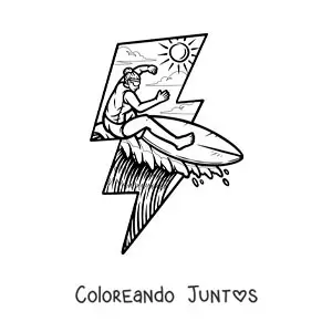 Imagen para colorear de una chica surfeando en la playa en un rayo