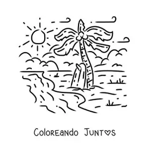 Imagen para colorear de una tabla de surf en la arena en la playa