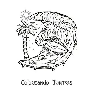Imagen para colorear de una chica surfeando una ola de pizza