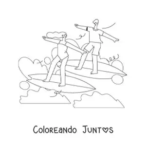 Imagen para colorear de una pareja surfeando