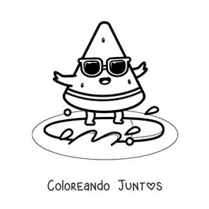 Imagen para colorear de un trozo de sandía animado surfeando