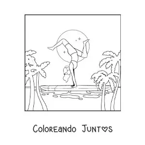 Imagen para colorear de una chica haciendo acrobacias sobre una tabla de surf en la playa