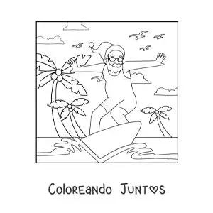 Imagen para colorear de santa animado surfeando en la playa