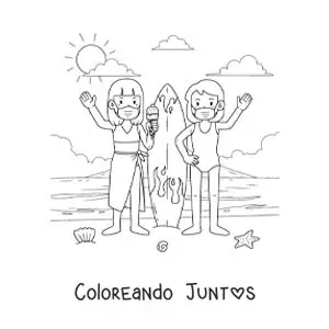 Imagen para colorear de dos chicas en la playa con mascarilla junto a una tabla de surf