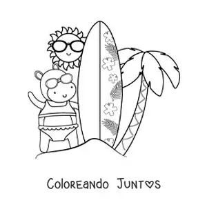 Imagen para colorear de una hipopótamo surfista animada en la playa