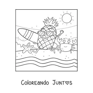 Imagen para colorear de una piña surfista animada en la playa corriendo al mar