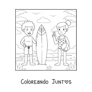 Imagen para colorear de un niño surfista y una niña con un balón en la playa