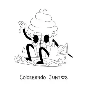 Imagen para colorear de una caricatura de un helado animado surfeando