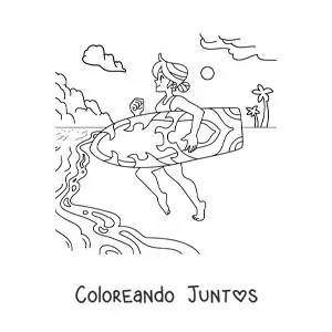 Imagen para colorear de una chica surfista corriendo hacie el mar en la playa