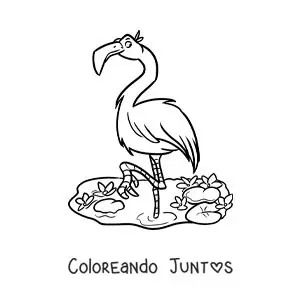 Imagen para colorear de un flamingo del zoológico animado en un estanque