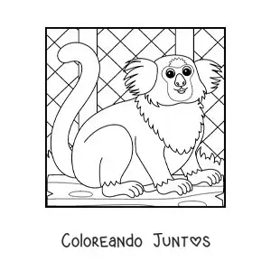 Imagen para colorear de un mono tití del zoológico animado en una jaula