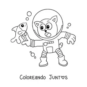 Imagen para colorear de un gato animado buceando atrapando un pez