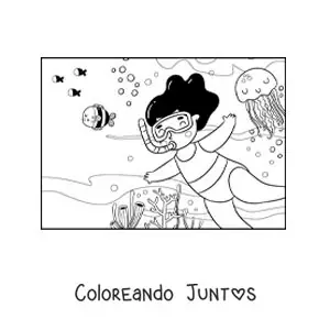 Imagen para colorear de una niña buceando en el fondo del océano con peces y medusas