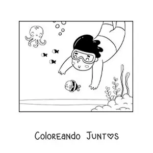 Imagen para colorear de un chico buceando en el fondo del mar con peces y pulpos