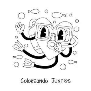 Imagen para colorear de una caricatura de un corazón animado buceando